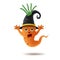 Halloween vegetables. Cartoon carrot monster wearing hata