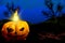 Halloween vivid haunting dark backdrop - pumpkin candle on left and free space on right, celebration concept - background design