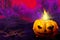 Halloween vivid haunting dark mockup - background design template 3D illustration with free space on left and candle in pumpkin