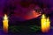 Halloween vivid haunting dark night texture - background design template 3D illustration with lone candle on left side and many