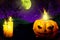 Halloween vivid scary dark texture - background design template 3D illustration with set of candles on the left and candle in