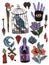 Halloween watercolor elements flower, poison, owl, ghosts, monster, blood and witchcraft backgroundFor posters, backdrop