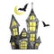 Halloween watercolor illustration. Black haunted house and bats