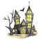 Halloween watercolor illustration.  Black haunted house, tree and bat