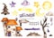 Halloween watercolor set with house, moon, stars, tree, fence, pointer