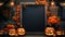 Halloween welcome signboard mockup with pumpkins and flowers. Blackboard with autumn holiday, AI generated