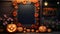 Halloween welcome signboard mockup with pumpkins, lanterns, and fallen leaves. Blackboard with autumn holiday, AI generated