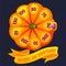 Halloween Wheel of Fortune, button rotation. 2D game asset. Halloween Bonus Popup and golden ribbon