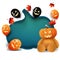 Halloween white template with a huge pumpkin carved in paper, Halloween ballons, autumn leafs and Teddy bear with Jack pumpkin