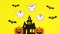Halloween Witch on broom and bats  fly above the Creepy house of horror and ghosts come out from house. Stop motion