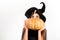 Halloween Witch with a carved Pumpkin. Happy Halloween Stickers. Halloween holiday concept. Ready for text, slogan or
