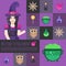 Halloween witch with cauldron icons and buttons set