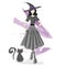 Halloween witch costume with black cat fashion design illustration watercolor sketch. Autumn fashion.