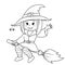 Halloween witch flying on broom. Black and white vector illustration for coloring book