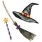 Halloween witch hat, broom, Magic wand set. Watercolor black wizard costume cap with orange belt. Symbol of Halloween