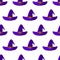 Halloween witch hat with a gold buckle, purple. Seamless pattern. Vector illustration in cartoon style.