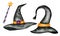 Halloween witch hat with Magic wand set. Watercolor black wizard costume cap with orange belt. Symbol of Halloween party