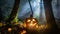 Halloween witch magic in the cloud forest. Glowing pumpkin lantern