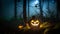 Halloween witch magic in the cloud forest. Glowing pumpkin lantern