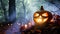 Halloween witch magic in the cloud forest. Glowing pumpkin lantern