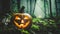 Halloween witch magic in the cloud forest. Glowing pumpkin lantern