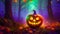 Halloween witch magic in the cloud forest. Glowing pumpkin lantern