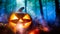 Halloween witch magic in the cloud forest. Glowing pumpkin lantern