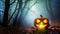 Halloween witch magic in the cloud forest. Glowing pumpkin lantern