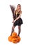 Halloween witch with pumpkin, broom.