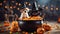 halloween witch with a pumpkin A comical Halloween puppy wearing a witch hat, riding a broomstick stuck in a large cauldron