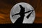 Halloween witch silhouette flying with broomstick. Full Moon.