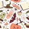 Halloween witchcraft elements, pumpkin and spider doodle seamless pattern. Cute spooky creatures, candle, witch cauldron and