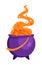 Halloween witches cauldron with bubbling orange liquid and smoke isolated on white. Magic potion. Symbol of witchcraft. Violet