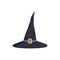 Halloween witchs hat with a gold buckle, masquerade decorative element cartoon vector Illustration on a white background