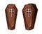 Halloween wooden coffin vector icon, cartoon spooky cemetery box, metal cross, open lid on white.