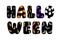 Halloween word decorated with spider web, bats, house, candle, ghost, broom, pumpkin, hat, mushroom