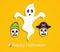 Halloween yellow background with scary ghost and skulls.