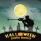 Halloween zombie hunter with sniper in graveyard