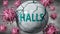 Halls and Covid-19 virus, symbolized by viruses destroying word Halls to picture that coronavirus outbreak destroys Halls, blurred