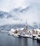 Hallstat village in the Austria. Beautiful village in the mountain valley near lake. Mountains landscape and old town.