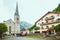 Hallstatt, Austria - June 15, 2019: Evangelische Pfarrkirche church with bell tower