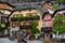 Hallstatt, Austria - May 21, 2017: Town square in Hallstatt, Austria. Hallstatt Village Central Square with flowers and historic a