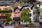 Hallstatt, Austria - May 21, 2017: Town square in Hallstatt, Austria. Hallstatt Village Central Square with flowers and historic a