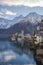Hallstatt, a charming village on the Hallstattersee lake and a famous tourist attraction, with beautiful mountains surrounding it