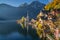 Hallstatt mountain village in morning light in fall, Salzkammergut, Austria