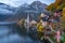 Hallstatt mountain village in twilight in fall, Salzkammergut, Austria