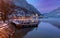 Hallstatt. Scenic view of the city and the lake at sunset.