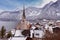 Hallstatt. Scenic view of the city and the lake at sunset.