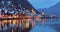 Hallstatt. Scenic view of the city and the lake at sunset.