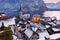 Hallstatt. Scenic view of the city and the lake at sunset.